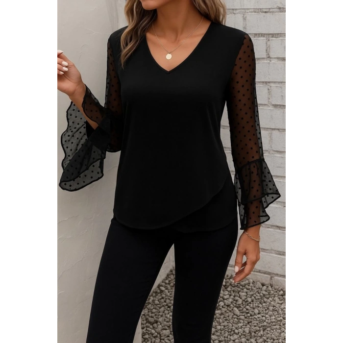 Kadın Uzun Kollu V Yakalı Kolları Ispanyol Detayı Sandy Bluz