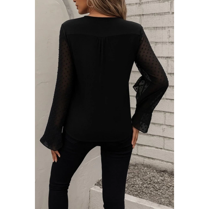 Kadın Uzun Kollu V Yakalı Kolları Ispanyol Detayı Sandy Bluz