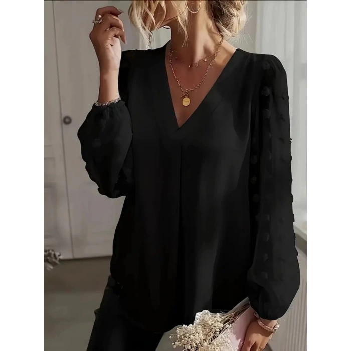 Kadın Uzun Kollu V Yakalı Kolları Popon Detaylı Sandy Bluz