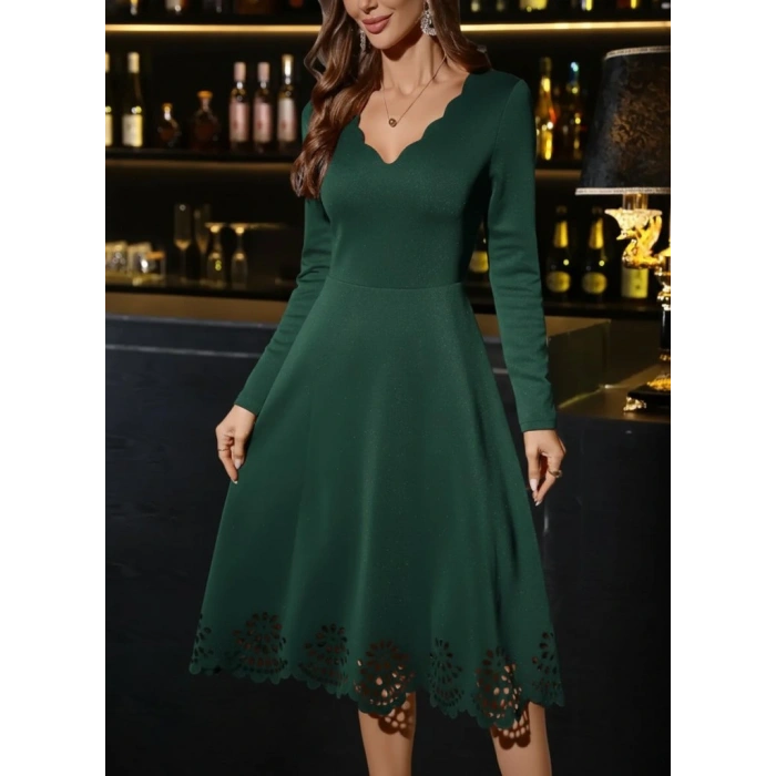 Kadın Uzun Kollu V Yakalı Lazer Kesim Detaylı Midi Ithal Krep Elbise