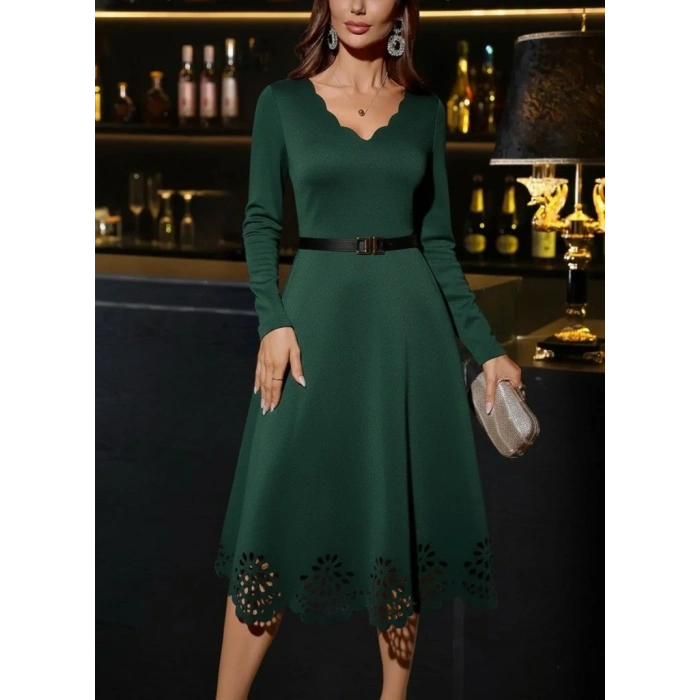 Kadın Uzun Kollu V Yakalı Lazer Kesim Detaylı Midi Ithal Krep Elbise