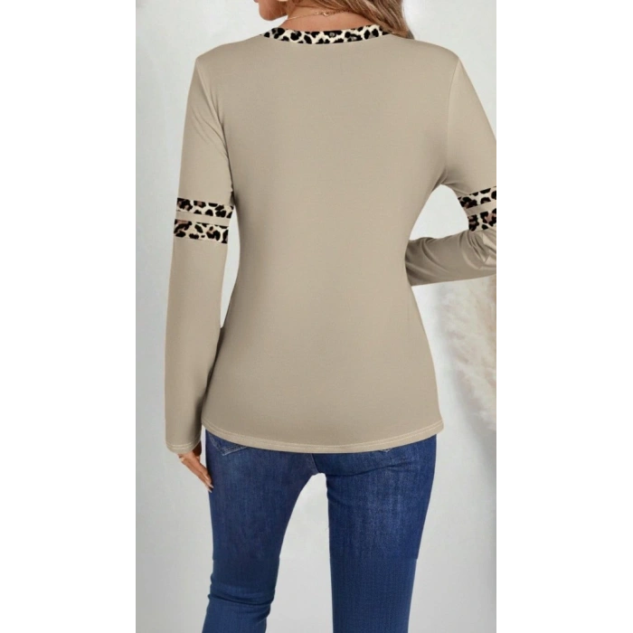 Kadın Uzun Kollu V Yakalı Leopar Desenli Viskon Iki Iplik Bluz