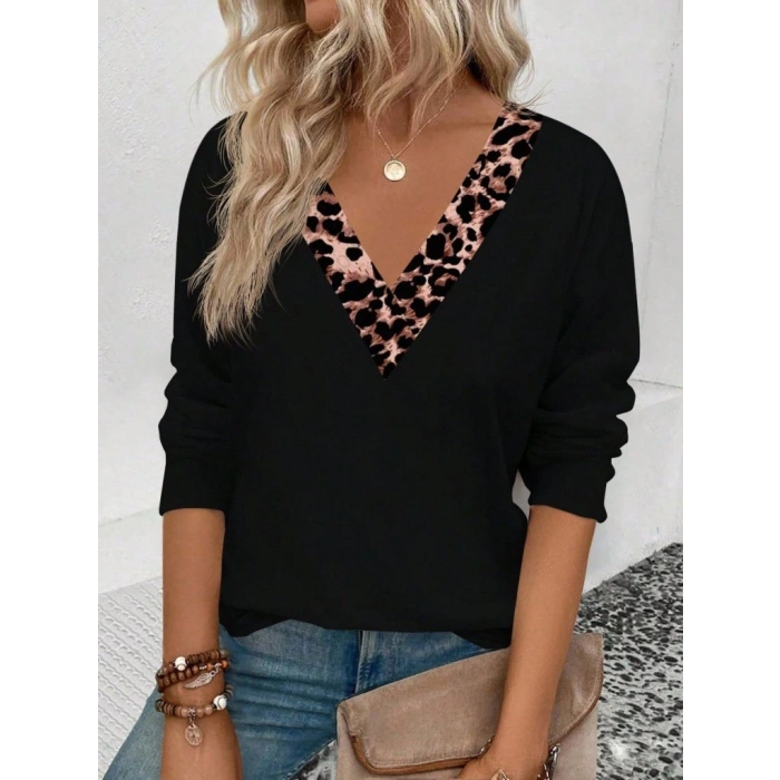 Kadın Uzun Kollu V Yakalı Leopar Detaylı Viskon Iki Iplik Bluz