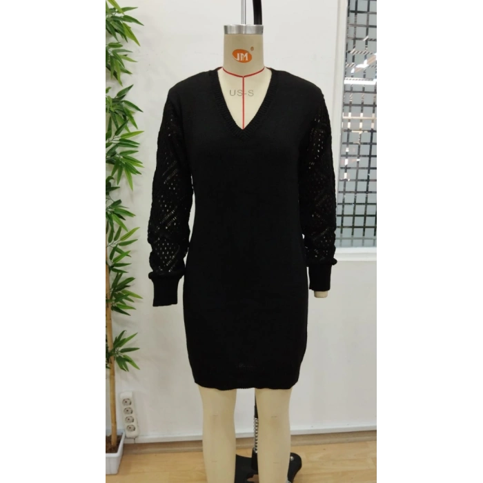 Kadın Uzun Kollu V Yakalı Mini Triko Elbise