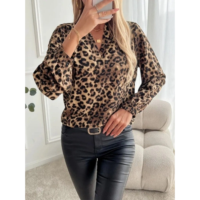 Kadın Uzun Kollu V Yakalı Modal Leopar Desenli Bluz