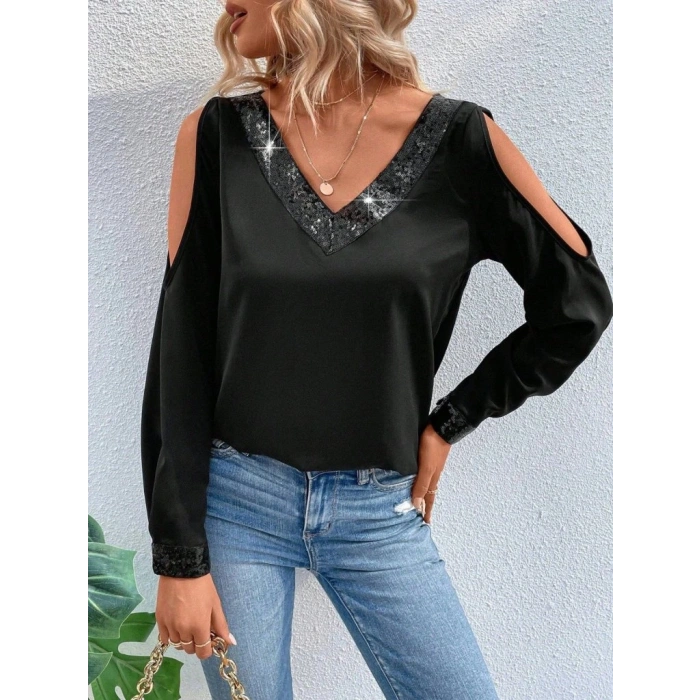 Kadın Uzun Kollu V Yakalı Omuzlardan Açık Sandy Bluz