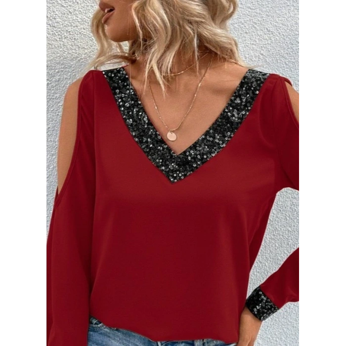 Kadın Uzun Kollu V Yakalı Omuzlardan Açık Sandy Bluz