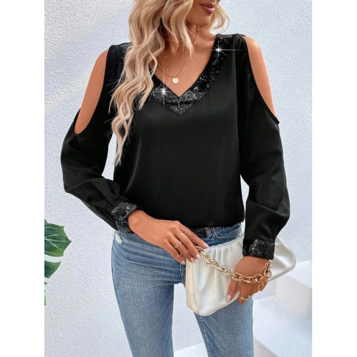 Kadın Uzun Kollu V Yakalı Omuzlardan Açık Sandy Bluz