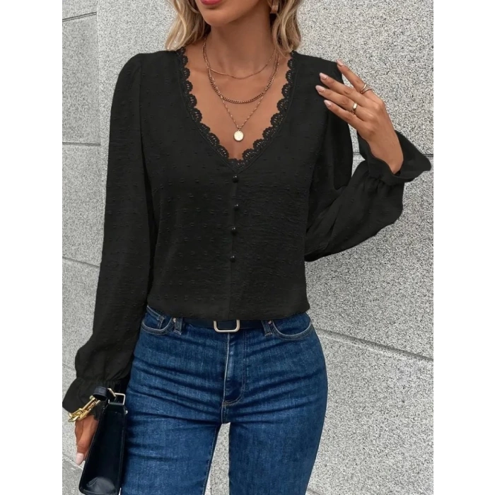 Kadın Uzun Kollu V Yakalı önden Düğmeli Bluz