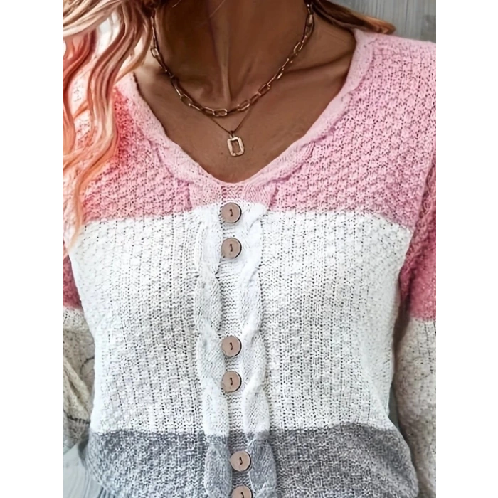 Kadın Uzun Kollu V Yakalı önden Düğmeli çok Renkli Bluz