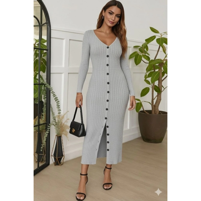 Kadın Uzun Kollu V Yakalı önden Düğmeli şardonlu Kaşkorse Elbise