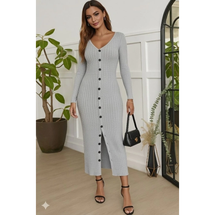 Kadın Uzun Kollu V Yakalı önden Düğmeli şardonlu Kaşkorse Elbise