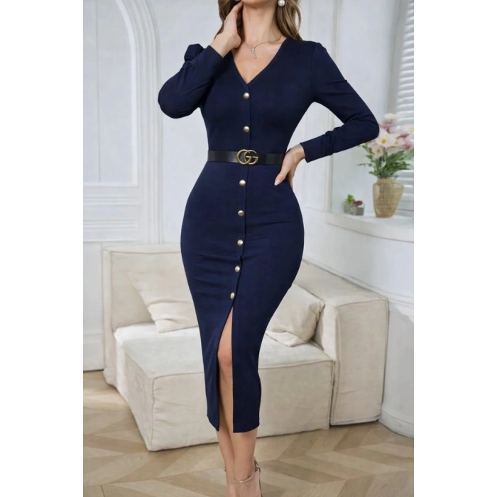 Kadın Uzun Kollu V Yakalı önden Düğmeli Yırtmaçlı Modal Midi Kemersiz Elbise