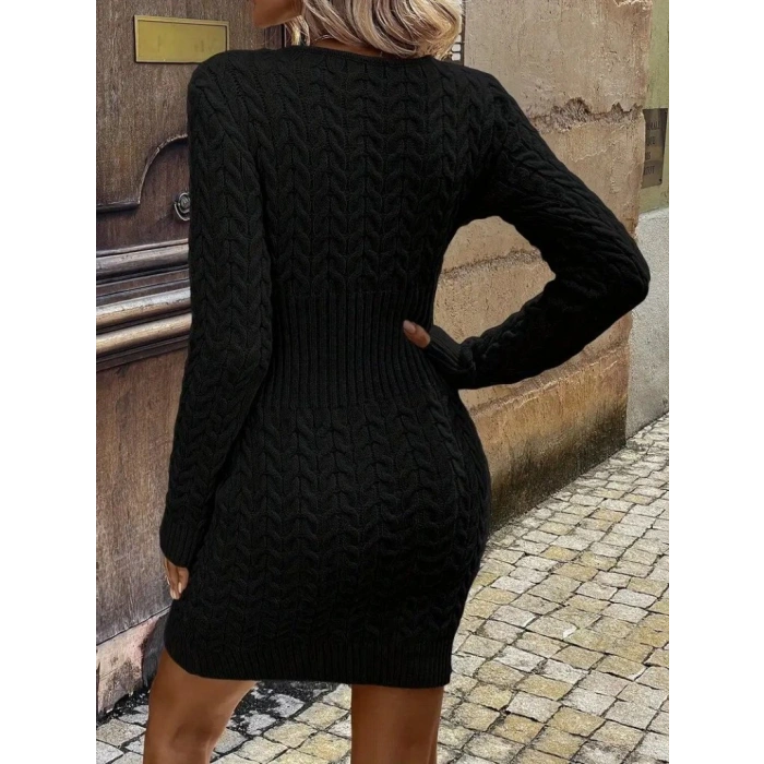 Kadın Uzun Kollu V Yakalı önden Fermuarlı Kısa Triko Elbise