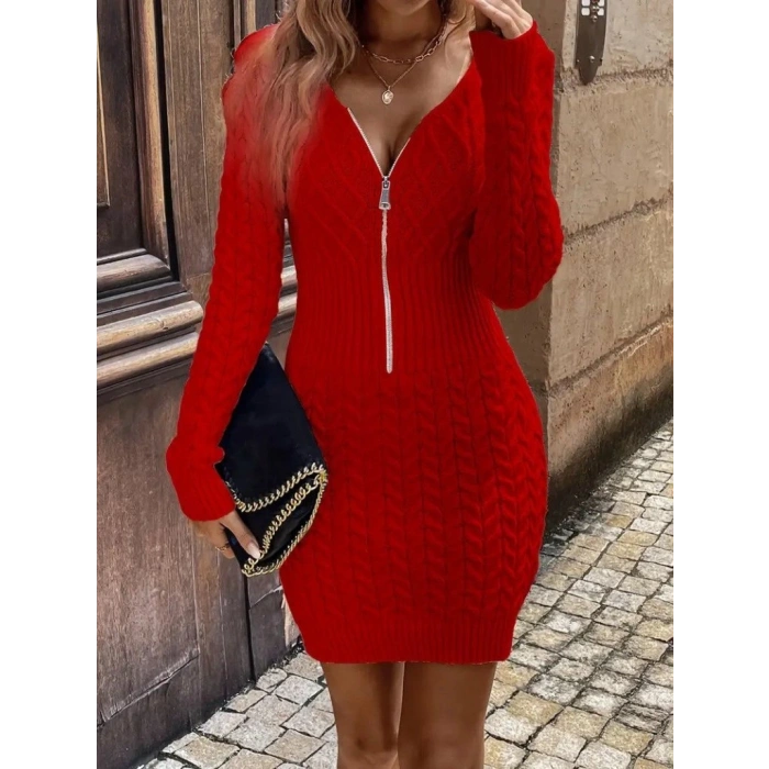 Kadın Uzun Kollu V Yakalı önden Fermuarlı Kısa Triko Elbise