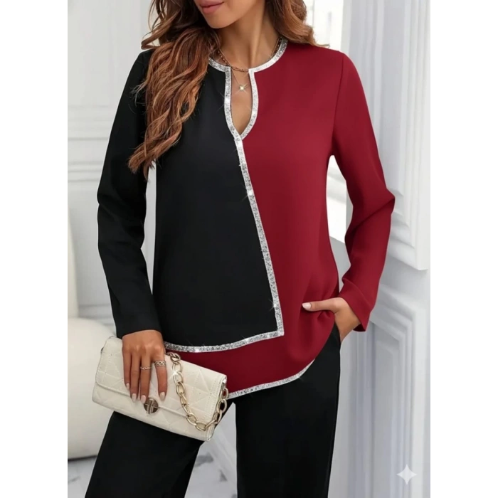 Kadın Uzun Kollu V Yakalı Pul Payet Işlemeli Ithal Krep Bluz