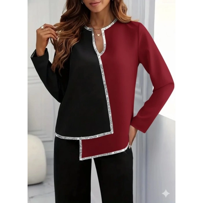 Kadın Uzun Kollu V Yakalı Pul Payet Işlemeli Ithal Krep Bluz