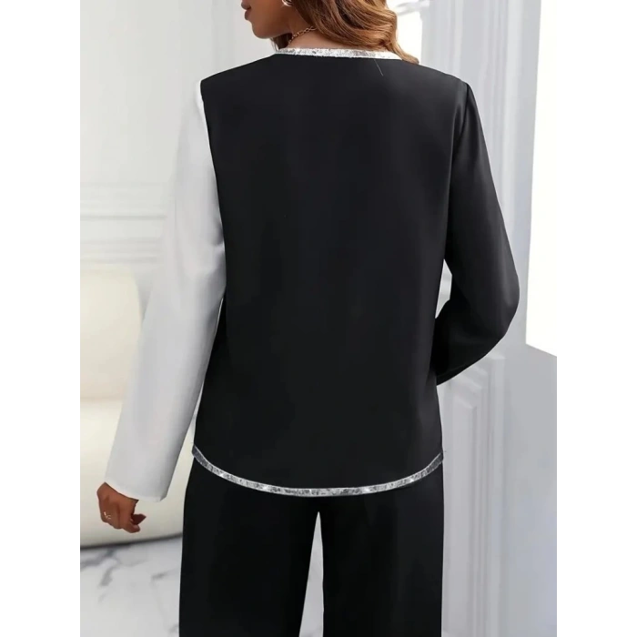 Kadın Uzun Kollu V Yakalı Pul Payet Işlemeli Ithal Krep Bluz