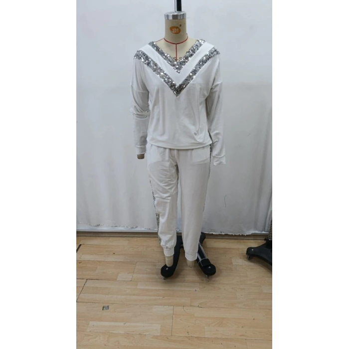 Kadın Uzun Kollu V Yakalı Pulpayetli Viskon Iki Iplik Bluz Ve Pantolon