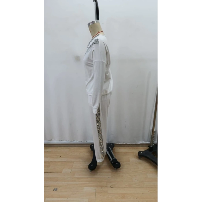 Kadın Uzun Kollu V Yakalı Pulpayetli Viskon Iki Iplik Bluz Ve Pantolon