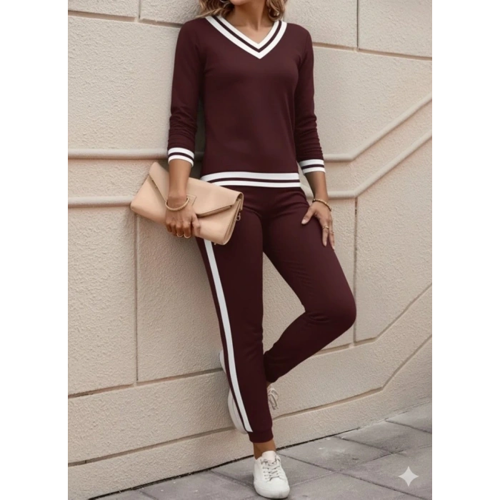 Kadın Uzun Kollu V Yakalı Ribanalı Viskon Iki Iplik Bluz Ve Pantolon Ikili Takım