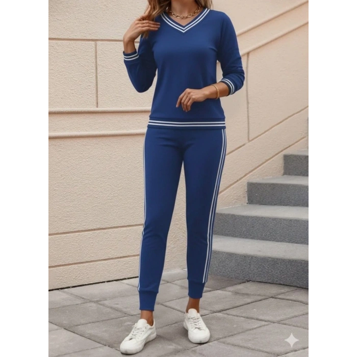 Kadın Uzun Kollu V Yakalı Ribanalı Viskon Iki Iplik Bluz Ve Pantolon Ikili Takım