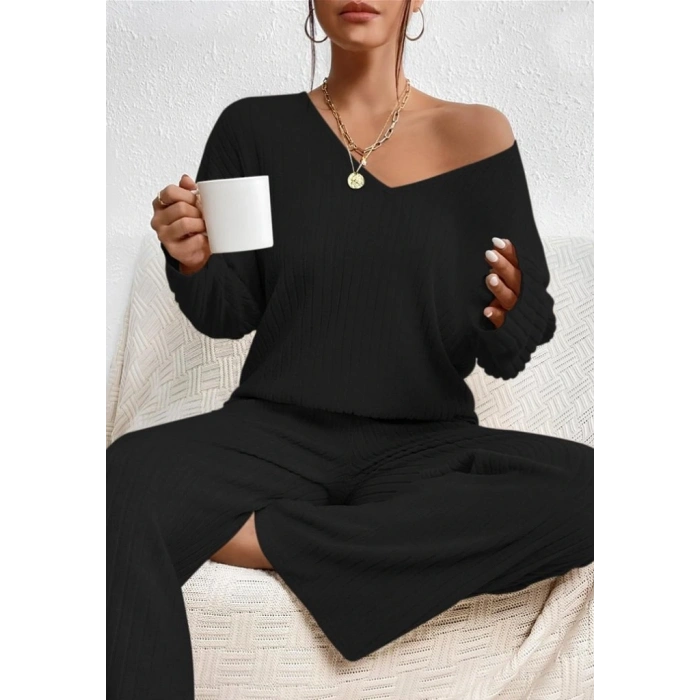 Kadın Uzun Kollu V Yakalı şardonlu Kaşkorse Bluz Ve Pantolon Ikili Takım