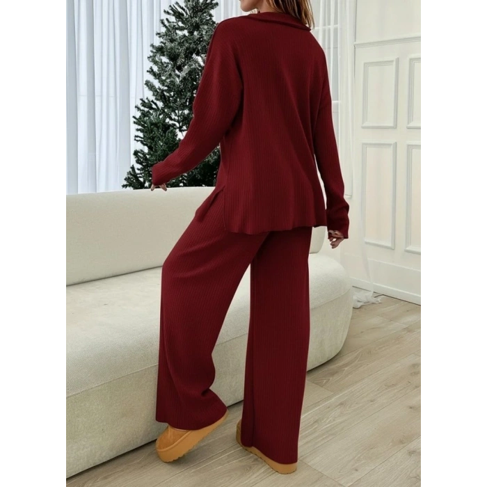 Kadın Uzun Kollu V Yakalı şardonlu Kaşkorse Bluz Ve Pantolon Ikili Takım