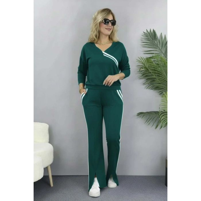 Kadın Uzun Kollu V Yakalı şerit Detaylı Viskon Iki Iplik Bluz Ve Pantolon Ikili Takım