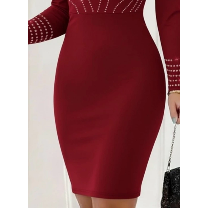 Kadın Uzun Kollu V Yakalı Taşlı Mini Ithal Krep Elbise