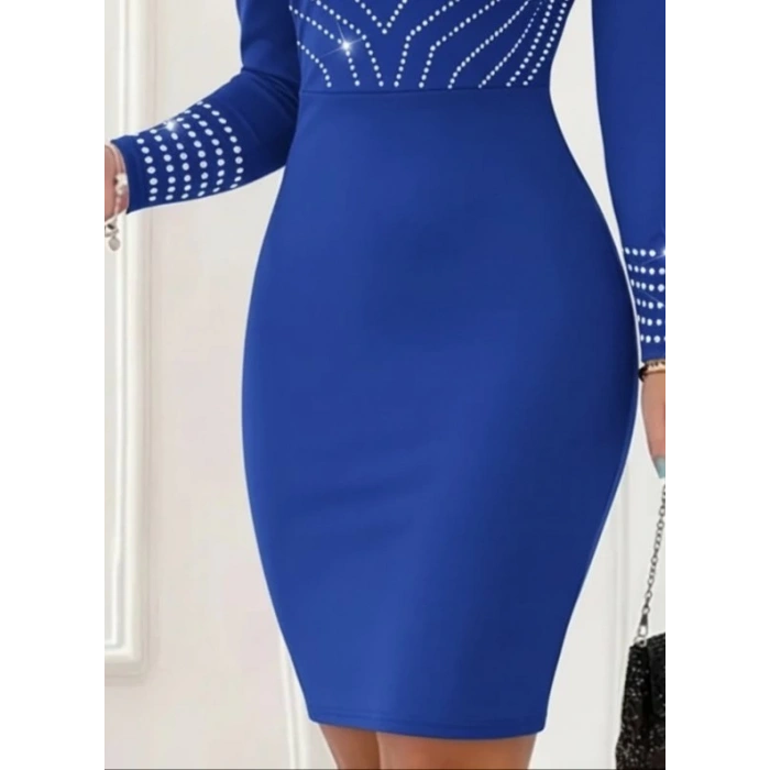 Kadın Uzun Kollu V Yakalı Taşlı Mini Ithal Krep Elbise