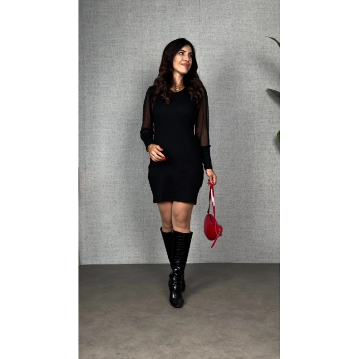 Kadın Uzun Kollu V Yakalı Tül Detaylı Mini Kaşkorse Elbise