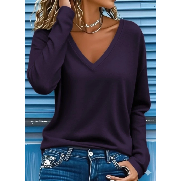 Kadın Uzun Kollu V Yakalı Viskon Iki Iplik Mürdüm Renk Bluz