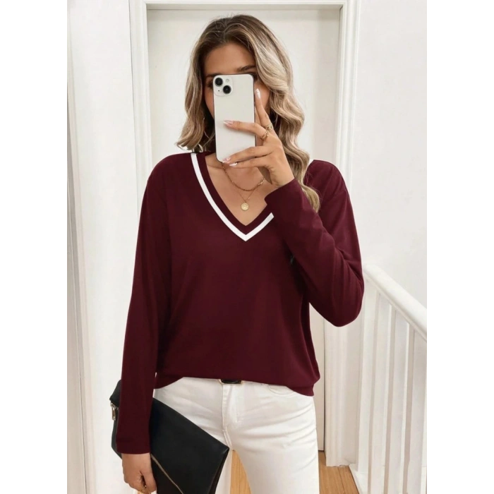 Kadın Uzun Kollu V Yakalı Viskon Iki Iplik Bluz