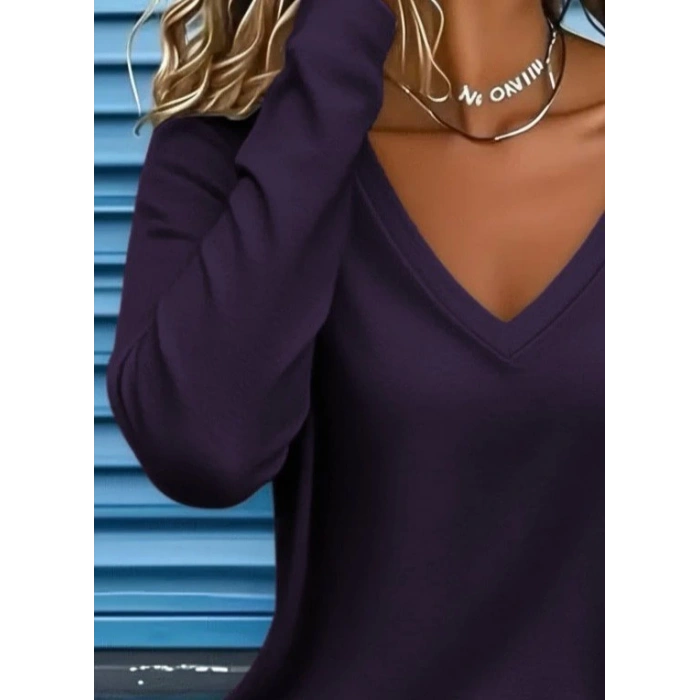 Kadın Uzun Kollu V Yakalı Viskon Iki Iplik Mürdüm Renk Bluz