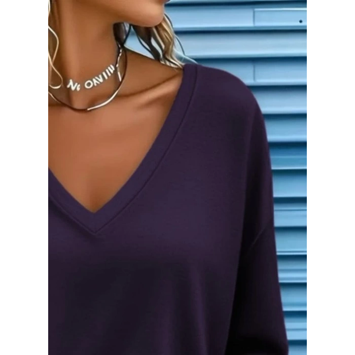 Kadın Uzun Kollu V Yakalı Viskon Iki Iplik Mürdüm Renk Bluz