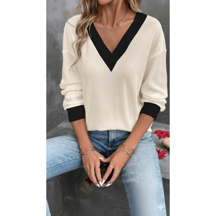 Kadın Uzun Kollu V Yakalı Waffle Bluz