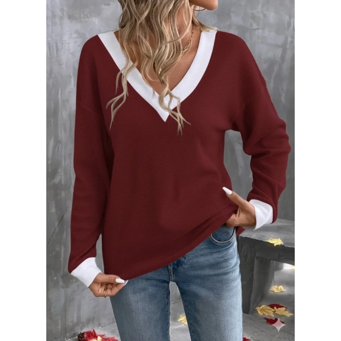 Kadın Uzun Kollu V Yakalı Waffle Bluz