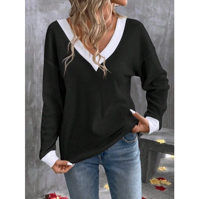 Kadın Uzun Kollu V Yakalı Waffle Bluz