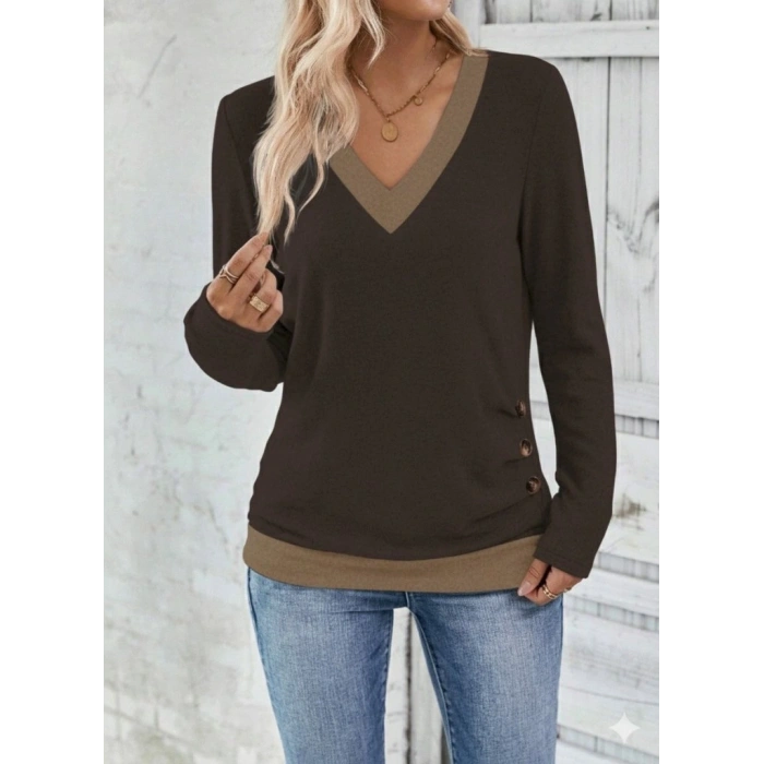Kadın Uzun Kollu V Yakalı Yandan Düğmeli Yün Viskon Bluz
