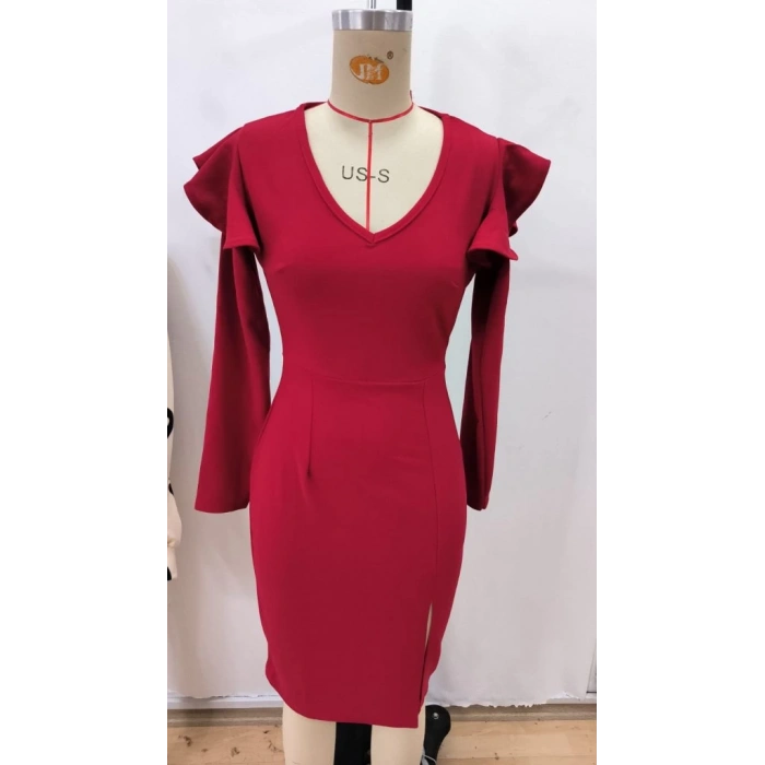 Kadın Uzun Kollu V Yakalı Yandan Yırtmaçlı Midi Ithal Krep Elbise