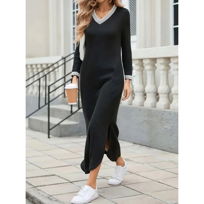 Kadın Uzun Kollu V Yakalı Yanlardan Yırtmaçlı Uzun Viskon Iki Iplik Elbise