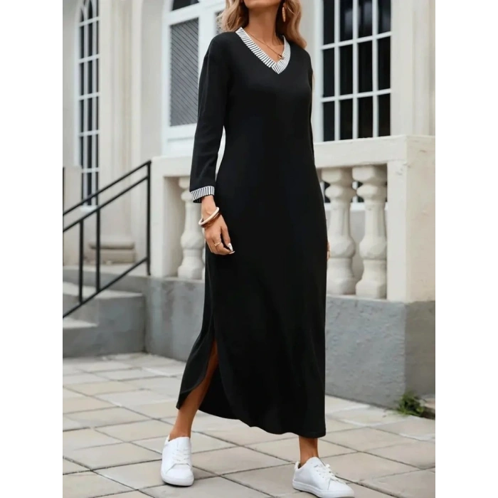 Kadın Uzun Kollu V Yakalı Yanlardan Yırtmaçlı Uzun Viskon Iki Iplik Elbise