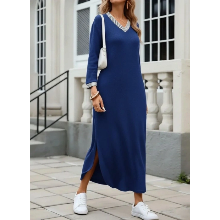 Kadın Uzun Kollu V Yakalı Yanlardan Yırtmaçlı Uzun Viskon Iki Iplik Elbise