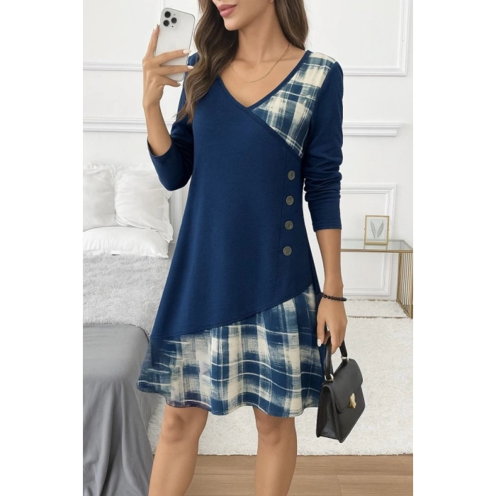 Kadın Uzun Kollu V Yakalı Yün Viskon Ve Desenli Süprem Elbise