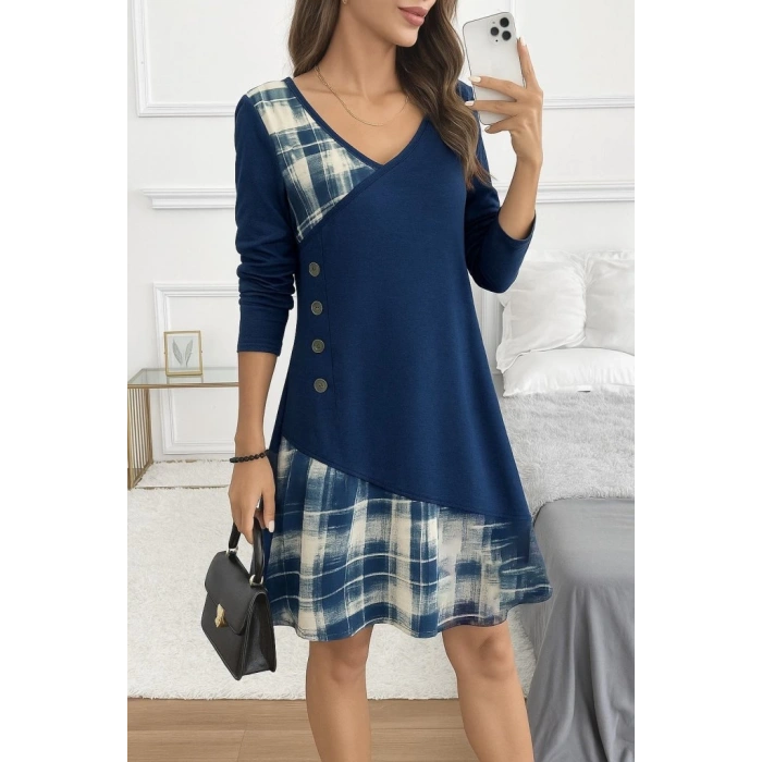 Kadın Uzun Kollu V Yakalı Yün Viskon Ve Desenli Süprem Elbise