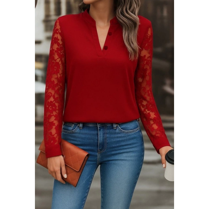 Kadın Uzun Kollu Yaka Düğme Detay Güpürlü Kol Krep Bluz