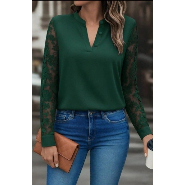 Kadın Uzun Kollu Yaka Düğme Detay Güpürlü Kol Krep Bluz