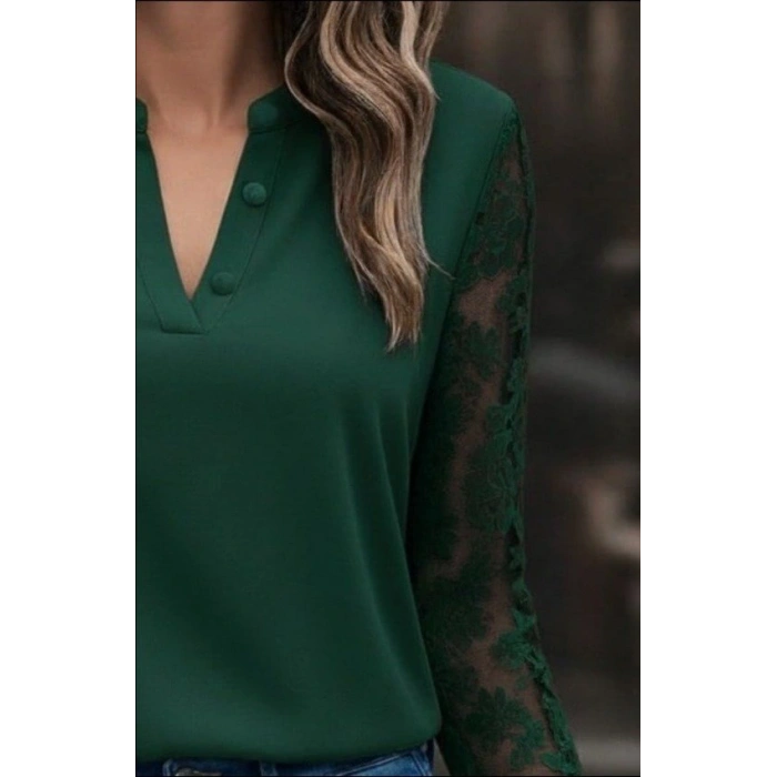 Kadın Uzun Kollu Yaka Düğme Detay Güpürlü Kol Krep Bluz