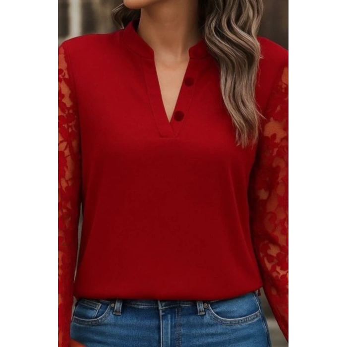 Kadın Uzun Kollu Yaka Düğme Detay Güpürlü Kol Krep Bluz